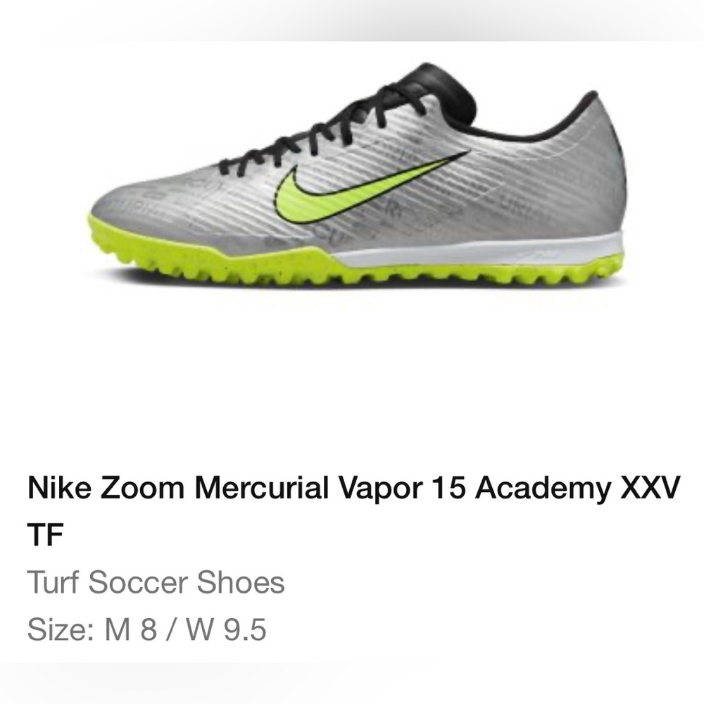 Nike Zoom Mercurial Vapor 15 Academy XXV TF Turf Soccer, Silver, Green, M8, W9.5